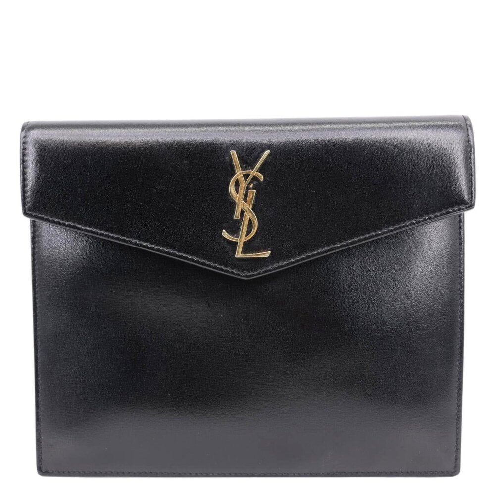 Yves Saint Laurent Black Leather Envelope Clutch with Gold YSL Logo